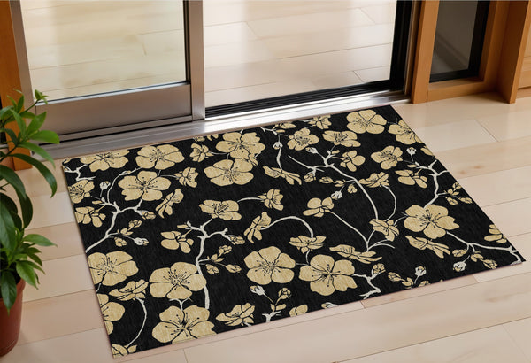 Homeroots 3' Black And Gold Floral Washable Area Rug For Indoor And Outdoor Use – Durable And Stylish Design 3' X 5' Polyester 599994