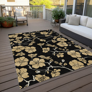Homeroots 3' Black And Gold Floral Washable Area Rug For Indoor And Outdoor Use – Durable And Stylish Design 3' X 5' Polyester 599994