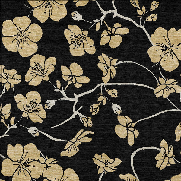 Homeroots 3' Black And Gold Floral Washable Area Rug For Indoor And Outdoor Use – Durable And Stylish Design 3' X 5' Polyester 599994