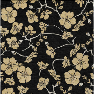 Homeroots 3' Black And Gold Floral Washable Area Rug For Indoor And Outdoor Use – Durable And Stylish Design 3' X 5' Polyester 599994