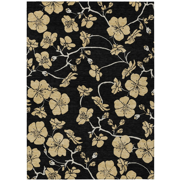 HomeRoots 5' Black and Gold Floral Area Rug - Durable, Washable, and Stylish for Indoor and Outdoor Spaces 5' X 8' 599995