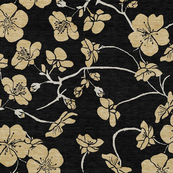 Homeroots 3' Black And Gold Floral Washable Area Rug For Indoor And Outdoor Use – Durable And Stylish Design 5' X 8' Polyester 599995