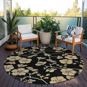 Homeroots 3' Black And Gold Floral Washable Area Rug For Indoor And Outdoor Use – Durable And Stylish Design 8' Round Polyester 599996
