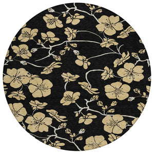 HomeRoots 5' Black and Gold Floral Area Rug - Durable, Washable, and Stylish for Indoor and Outdoor Spaces 8' Round 599996