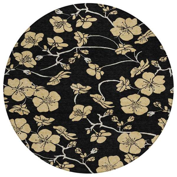 HomeRoots 5' Black and Gold Floral Area Rug - Durable, Washable, and Stylish for Indoor and Outdoor Spaces 8' Round 599996