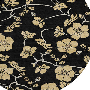 Homeroots 3' Black And Gold Floral Washable Area Rug For Indoor And Outdoor Use – Durable And Stylish Design 8' Round Polyester 599996