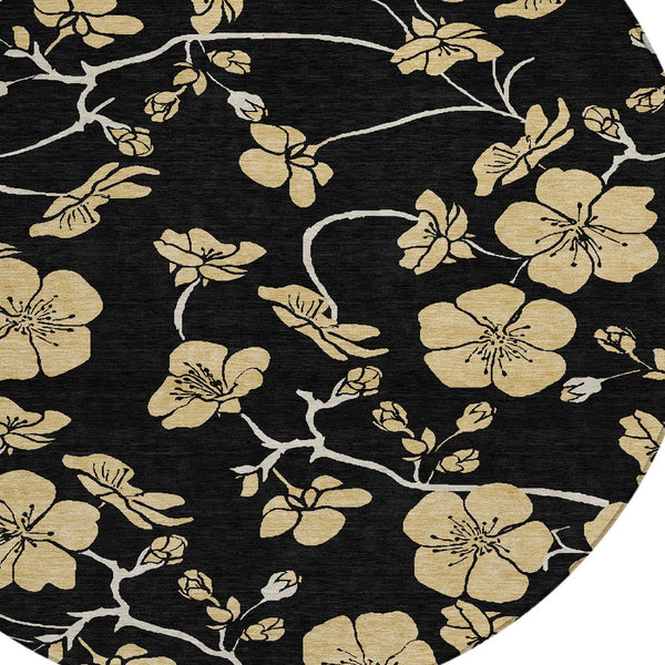 Homeroots 3' Black And Gold Floral Washable Area Rug For Indoor And Outdoor Use – Durable And Stylish Design 8' Round Polyester 599996