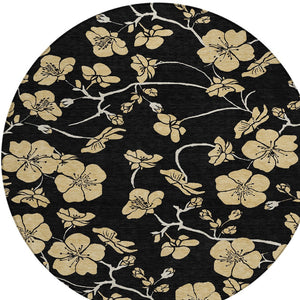 Homeroots 3' Black And Gold Floral Washable Area Rug For Indoor And Outdoor Use – Durable And Stylish Design 8' Round Polyester 599996