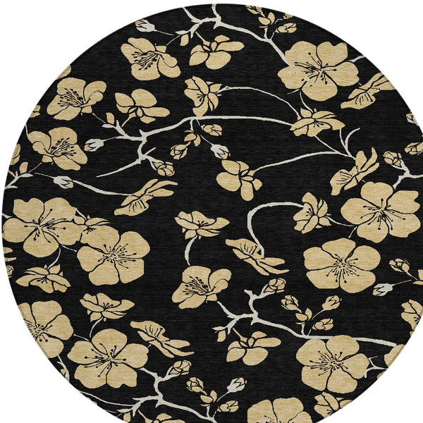 Homeroots 3' Black And Gold Floral Washable Area Rug For Indoor And Outdoor Use – Durable And Stylish Design 8' Round Polyester 599996