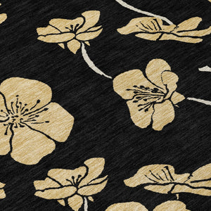 Homeroots 3' Black And Gold Floral Washable Area Rug For Indoor And Outdoor Use – Durable And Stylish Design 8' Round Polyester 599996