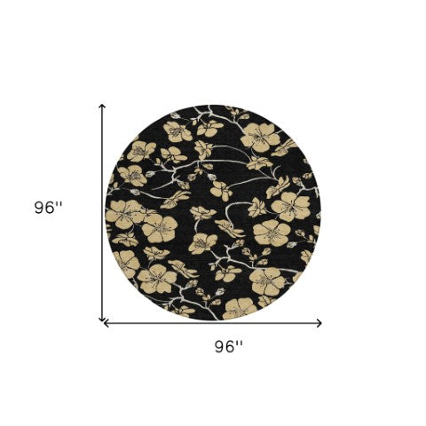 Homeroots 3' Black And Gold Floral Washable Area Rug For Indoor And Outdoor Use – Durable And Stylish Design 8' Round Polyester 599996