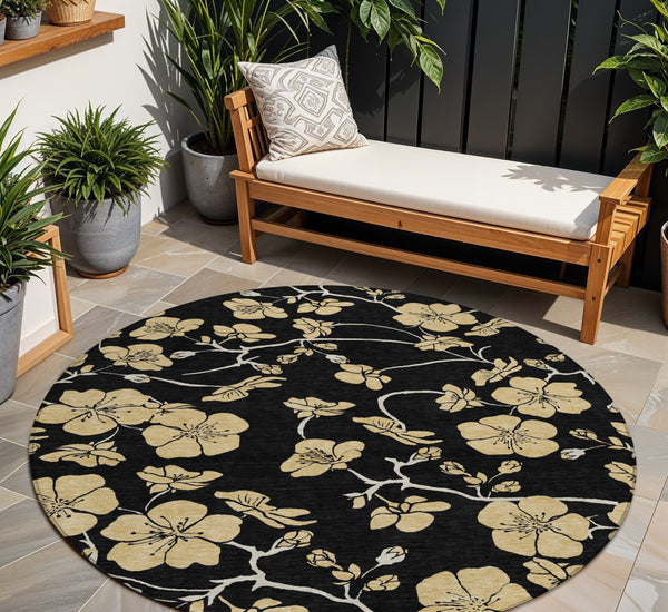 Homeroots 3' Black And Gold Floral Washable Area Rug For Indoor And Outdoor Use – Durable And Stylish Design 8' Round Polyester 599996