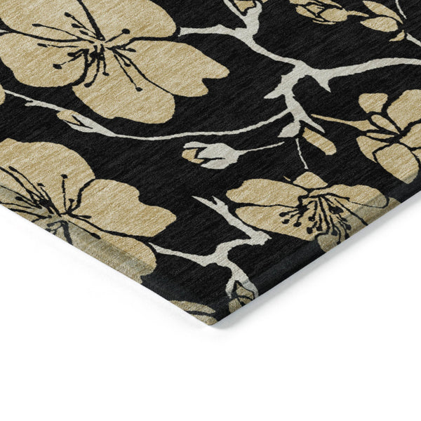 Homeroots 3' Black And Gold Floral Washable Area Rug For Indoor And Outdoor Use – Durable And Stylish Design 8' X 10' Polyester 599997