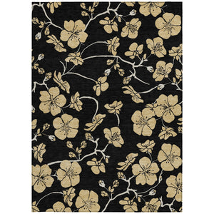 Homeroots 3' Black And Gold Floral Washable Area Rug For Indoor And Outdoor Use – Durable And Stylish Design 8' X 10' Polyester 599997