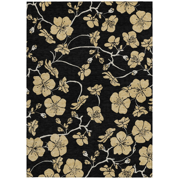 Homeroots 3' Black And Gold Floral Washable Area Rug For Indoor And Outdoor Use – Durable And Stylish Design 8' X 10' Polyester 599997