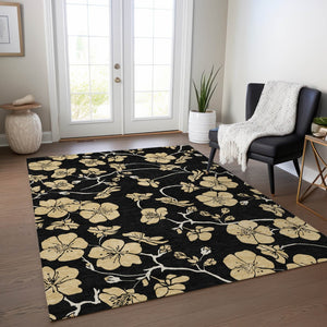 Homeroots 3' Black And Gold Floral Washable Area Rug For Indoor And Outdoor Use – Durable And Stylish Design 8' X 10' Polyester 599997