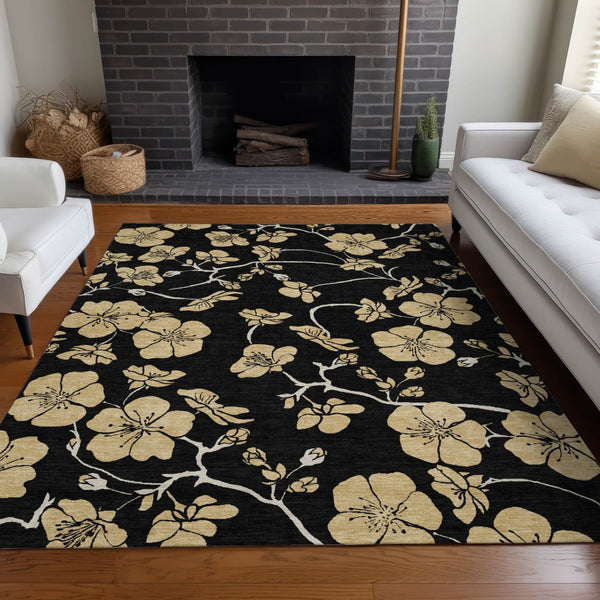 Homeroots 3' Black And Gold Floral Washable Area Rug For Indoor And Outdoor Use – Durable And Stylish Design 8' X 10' Polyester 599997