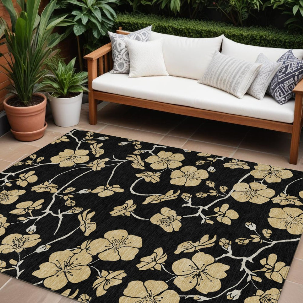HomeRoots 9' X 12' Elegant Black and Gold Floral Area Rug – Washable, Durable Indoor/Outdoor Design for Any Space 599998