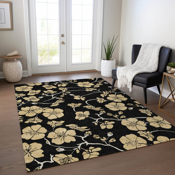 Homeroots 3' Black And Gold Floral Washable Area Rug For Indoor And Outdoor Use – Durable And Stylish Design 9' X 12' Polyester 599998