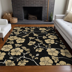 Homeroots 3' Black And Gold Floral Washable Area Rug For Indoor And Outdoor Use – Durable And Stylish Design 9' X 12' Polyester 599998