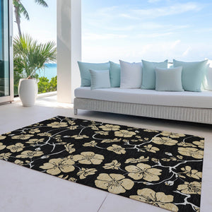 Homeroots 3' Black And Gold Floral Washable Area Rug For Indoor And Outdoor Use – Durable And Stylish Design 9' X 12' Polyester 599998