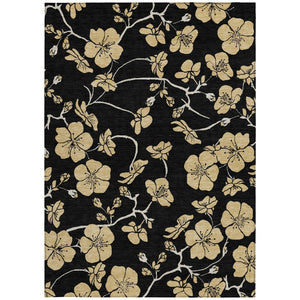 Homeroots 3' Black And Gold Floral Washable Area Rug For Indoor And Outdoor Use – Durable And Stylish Design 10' X 14' Polyester 599999
