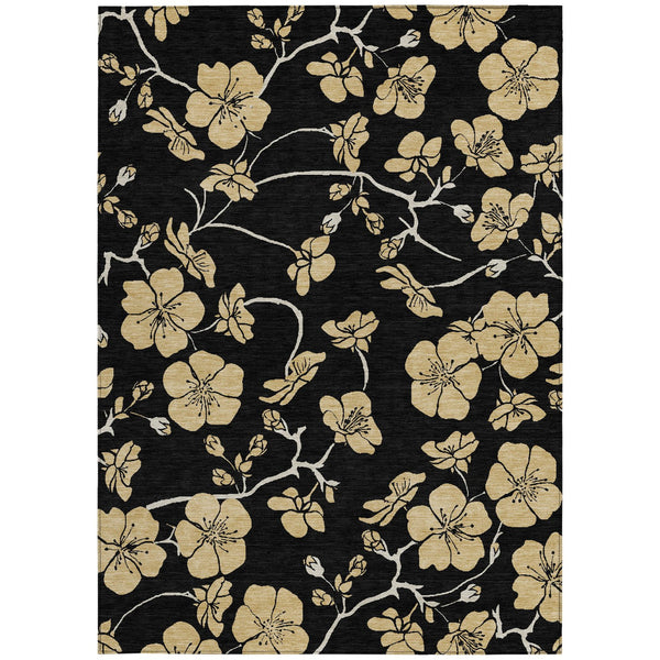 Homeroots 3' Black And Gold Floral Washable Area Rug For Indoor And Outdoor Use – Durable And Stylish Design 10' X 14' Polyester 599999
