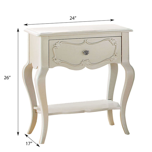 English Elm Pearl Scalloped 1-Drawer Nightstand with Shelf — Elegant Pearl White Pine Accent Table with Storage and Display (26"H) B062P209006
