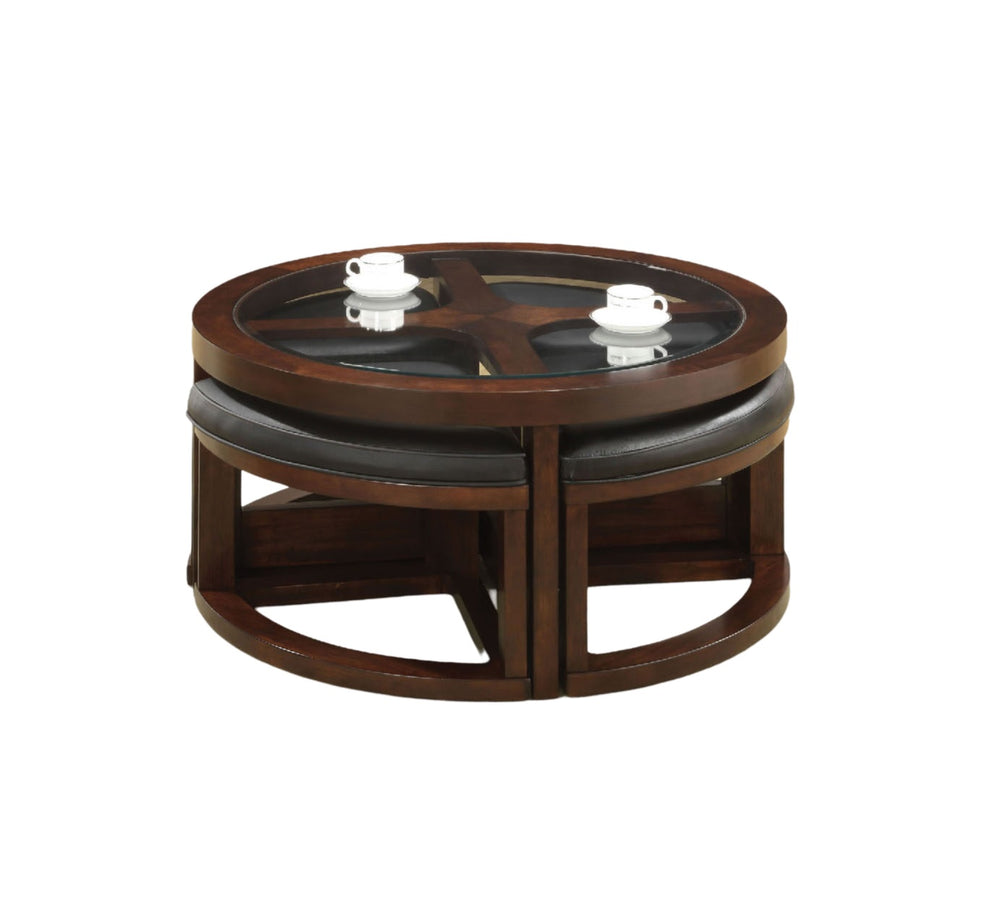 English Elm Dark Walnut Modern Coffee Table Set with 4 Wedge Ottomans, 5mm Beveled Glass Top, 40" Dia x19"H B011P246328
