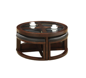 English Elm Dark Walnut Modern Coffee Table Set with 4 Wedge Ottomans, 5mm Beveled Glass Top, 40" Dia x19"H B011P246328