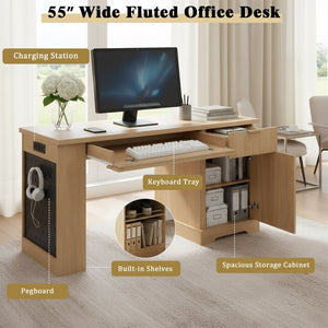 English Elm 55" Fluted White Computer Desk with Power Outlet Pegboard Cabinet and Keyboard Tray W2917P396017