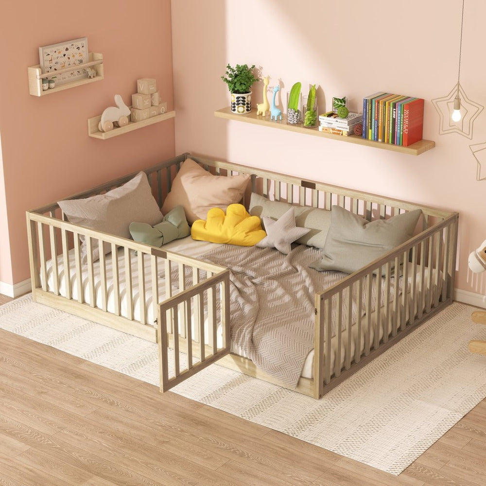 English Elm Twin Montessori Floor Bed Solid Rubber Wood with Safety Fence Rails Toddler Room W504P411200