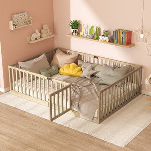 English Elm Twin Montessori Floor Bed Solid Rubber Wood with Safety Fence Rails Toddler Room W504P411200