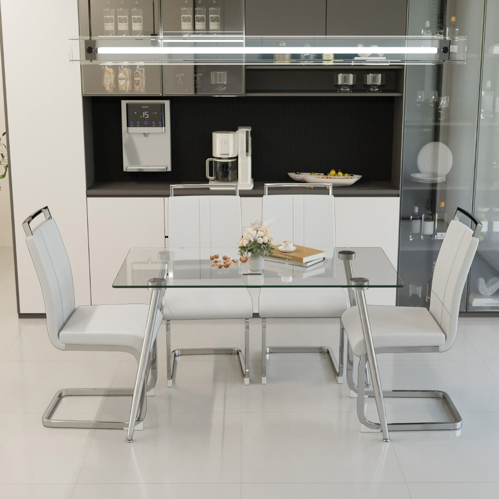 English Elm 51 Inch Tempered Glass Dining Set Seats Four with Chrome Legs and Pu Leather Chairs W2189S00918