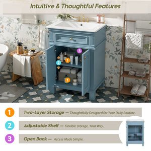English Elm 24'' Carved Farmhouse Bathroom Vanity with Ceramic Sink Soft Close Storage Cabinet Indigo Blue N710P446530M