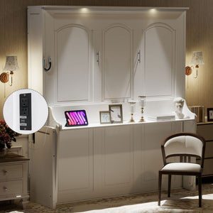 English Elm Queen Murphy Bed with Desk, Built-In LED Lights, USB Charging Ports & Space-Saving Modern Design White N7500004014K
