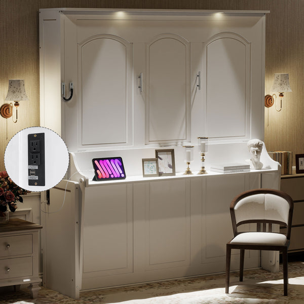English Elm Queen Murphy Bed with Desk, Built-In LED Lights, USB Charging Ports & Space-Saving Modern Design White N7500004014K