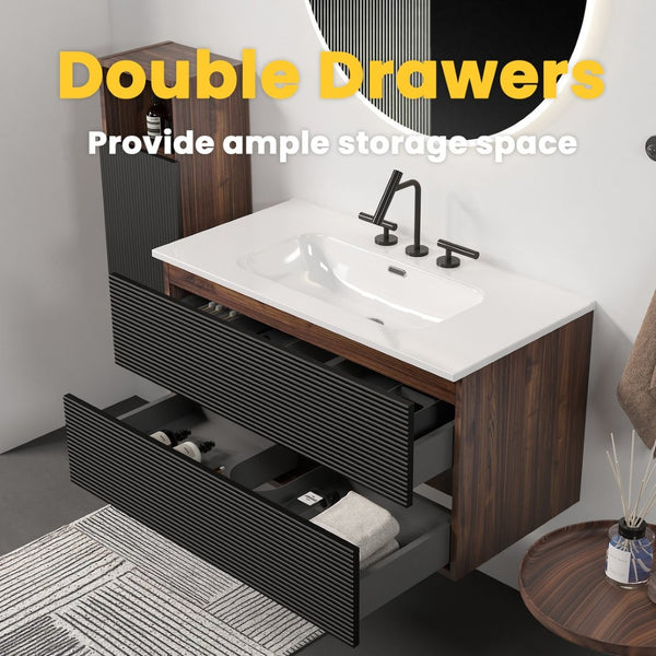 English Elm Galan Freestanding Bathroom Vanity Quartz Basin Fluted Wood Cabinet Modern Bath W1865S00200