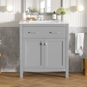 English Elm 30" Modern Bathroom Vanity with Ceramic Sink and Soft-Close Doors, Solid Wood MDF Build, Sleek Handles Gray N729P263155E