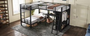 English Elm L-shaped Triple Bunk Bed with Desk Wardrobe Metal Frame for Teen Shared Rooms W5305S00003