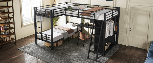 English Elm L-shaped Triple Bunk Bed with Desk Wardrobe Metal Frame for Teen Shared Rooms W5305S00003