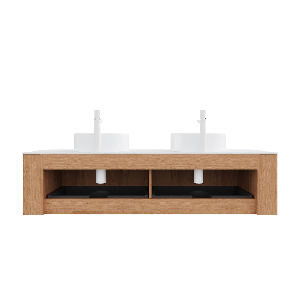 English Elm Dina 60" Wall-Mounted Bathroom Vanity With 2 Round Sinks & Striped Wood Storage, Pre-Assembled W2615S00109