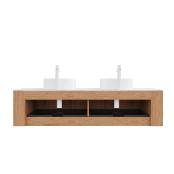 English Elm Dina 60" Wall-Mounted Bathroom Vanity With 2 Round Sinks & Striped Wood Storage, Pre-Assembled W2615S00109
