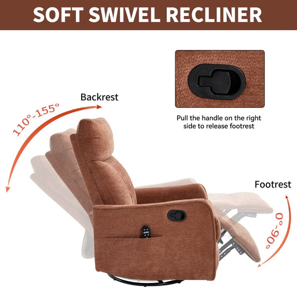 English Elm Blue Fabric Swivel Rocker Recliner with Massage Heat Nodes for Living Room Comfort Orange W1803P321821