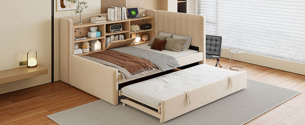 English Elm Twin Upholstered Daybed with Pull-Up Trundle, Velvet High Back with Shelves, Flip Storage & USB Beige SF000194AAA