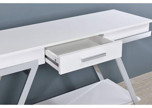 English Elm Contemporary High Gloss White Console Table with Chrome Frame and Open Display Shelf B011P207456