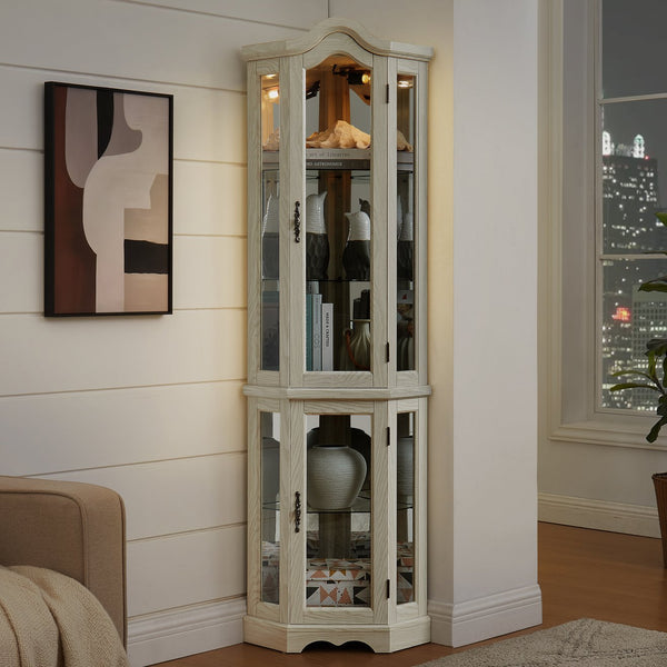 English Elm Lighted Corner Curio Cabinet With Adjustable Shelves & Integrated Lighting - Elegant White Oak Display W1758P300125