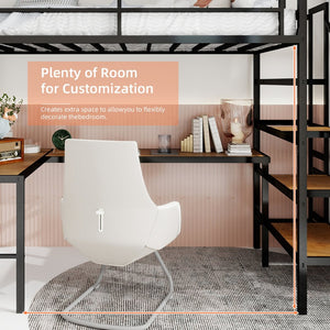 English Elm Loft Bed with L-shaped Desk Stair Storage and Full Guardrail Iron Frame Black W1935S00007