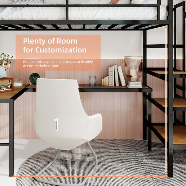 English Elm Loft Bed with L-shaped Desk Stair Storage and Full Guardrail Iron Frame Black W1935S00007