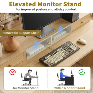 English Elm 59" Fluted Oak L-shaped Corner Desk with Charging Station Monitor Stand and File Storage Light Oak W2917S00005